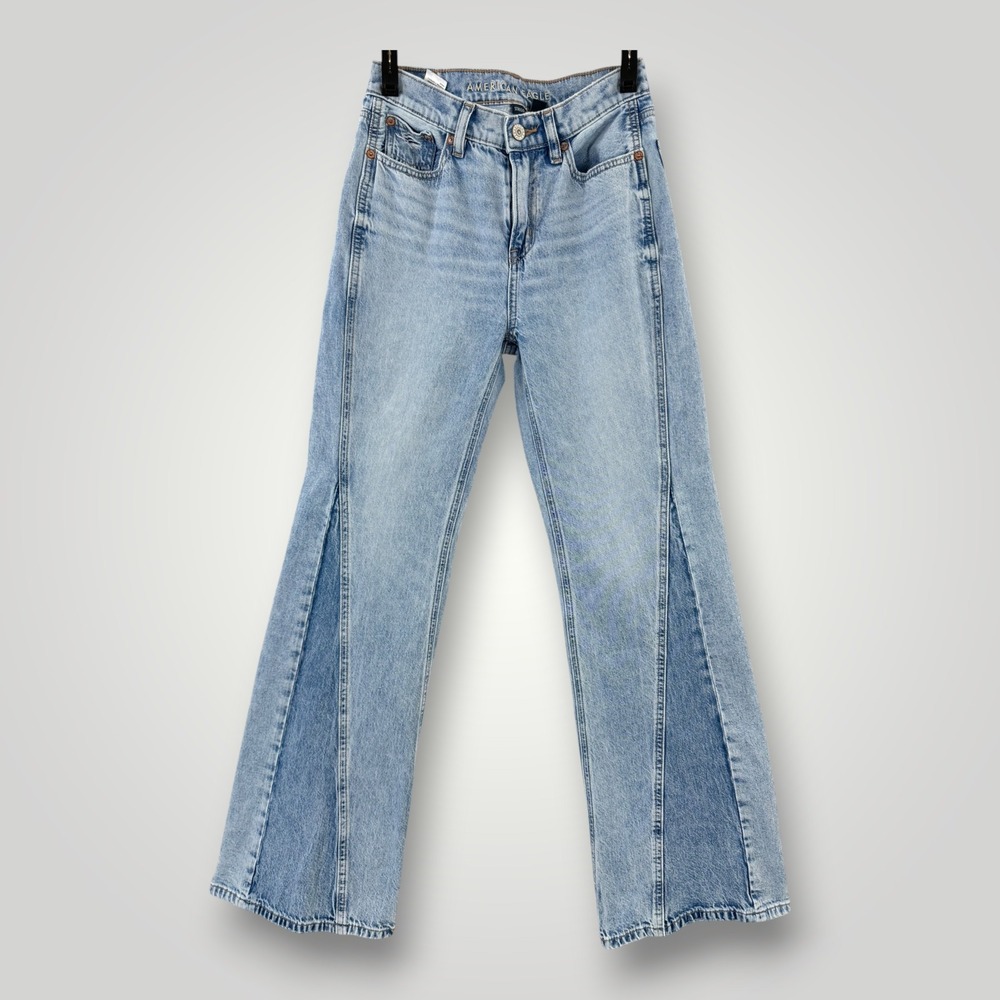 American Eagle Low Rise Baggy Flare Two Tone Jeans Light Wash Strigid 000 Reg
